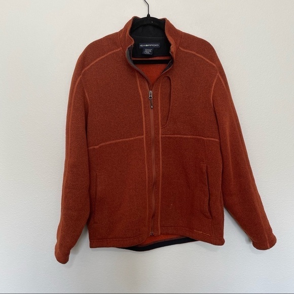 Exofficio orange sweater jacket mens full zip sz.M small flaw near bottom hem - Picture 1 of 4